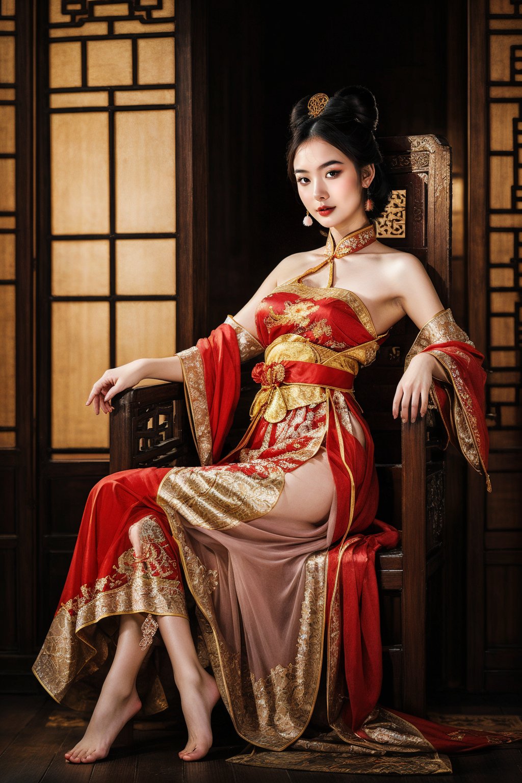 (fantasy art), 1 oriental girl,  ((full body, )) beautiful, perfect face, sweet face, A Chinese Queen sitting in a throne crossing legs, dark eyes, fantastic clothes, dressed in a intricate detailed traditional Chinese dress, background with oriental landscape, fantastic hairstyle,  fantasy, (masterpiece, photorealistic, absurd), dappled sunlight