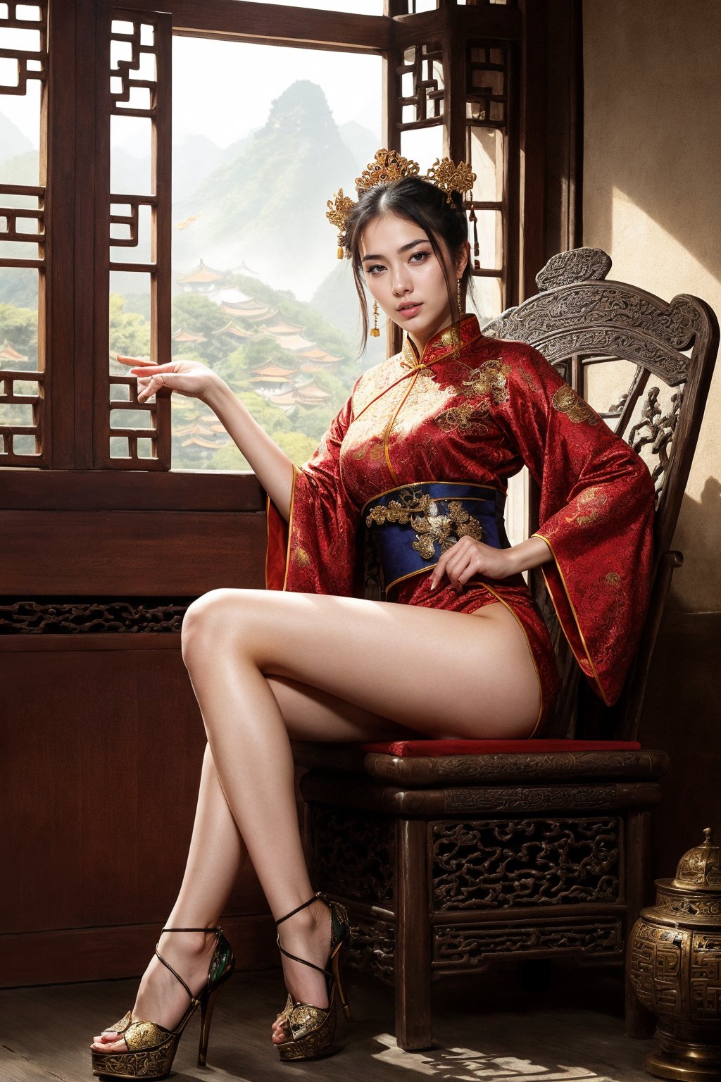 (fantasy art), 1 oriental girl,  ((full body, )) beautiful, perfect face, sweet face, A Chinese Queen sitting in a throne wearing high heels crossing legs, dark eyes, fantastic clothes, dressed in a intricate detailed traditional Chinese dress, background with oriental landscape, fantastic hairstyle,  fantasy, (masterpiece, photorealistic, absurd), dappled sunlight