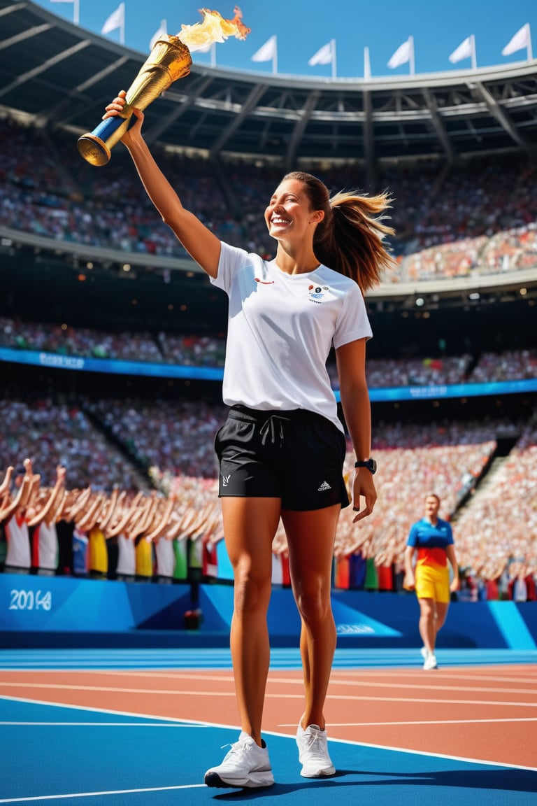 A triumphant figure stands amidst a sea of expectant faces in a packed sports stadium. The girl's subtle smile radiates confidence as she holds the Olympic torch aloft, her white t-shirt and black sport shorts a sleek contrast to the vibrant atmosphere. Text "PARIS 2024" written on her shirt serves as a declaration of pride. Her pose, captured in mid-stretch, exudes a sense of dynamic energy. The high-resolution image is rendered in exquisite HDR detail, with every subtle texture and nuance brought to life in a masterpiece of digital art.