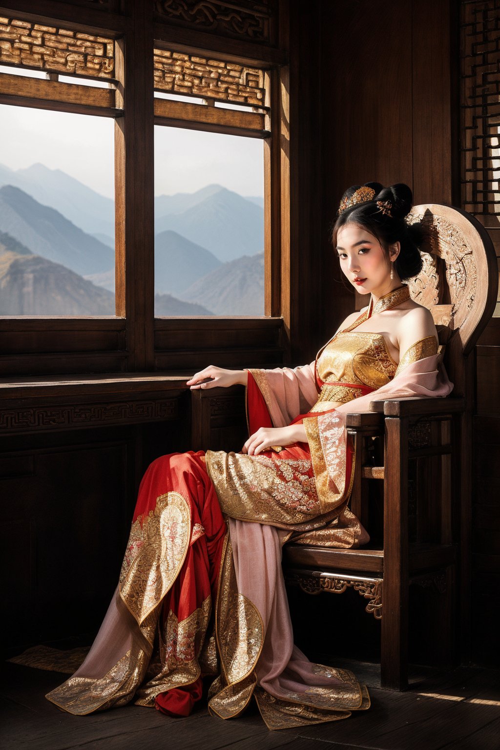 (fantasy art), 1 oriental girl,  ((full body, )) beautiful, perfect face, sweet face, A Chinese Queen sitting in a throne crossing legs, dark eyes, fantastic clothes, dressed in a intricate detailed traditional Chinese dress, background with oriental landscape, fantastic hairstyle,  fantasy, (masterpiece, photorealistic, absurd), dappled sunlight