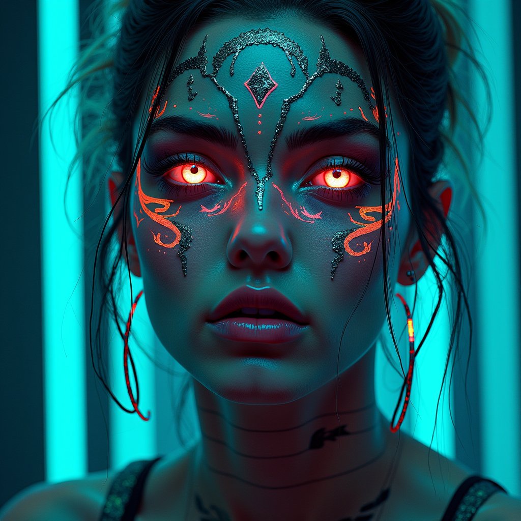 A woman with vibrant tribal face paint and a cyberpunk aesthetic,  featuring metallic elements and glowing eyes. Her fierc...