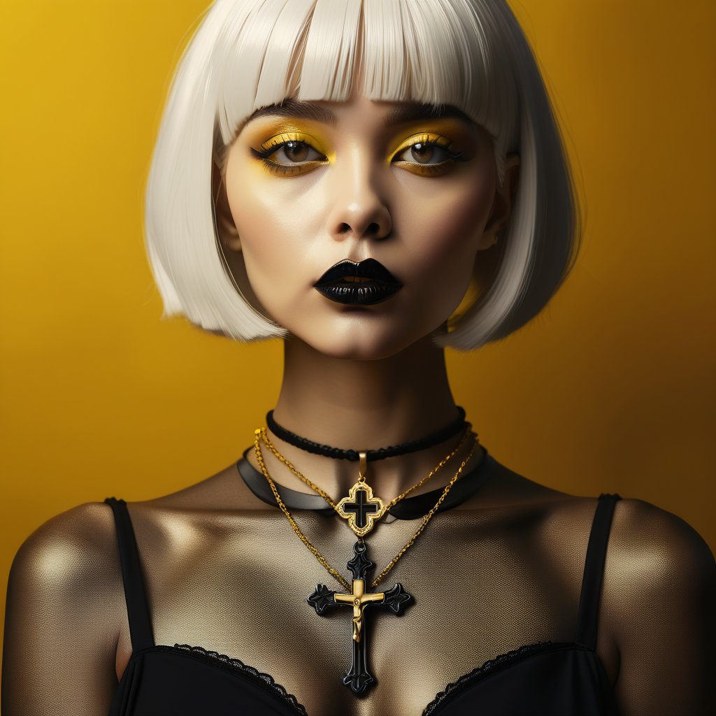 a woman with white bob hairstyle, religious cross necklace, black dress, black lipstick, direct eye contact, yellow background, bold contrast, dramatic lighting, intense gaze, modern gothic style, digital illustration, high resolution, vibrant colors, striking composition