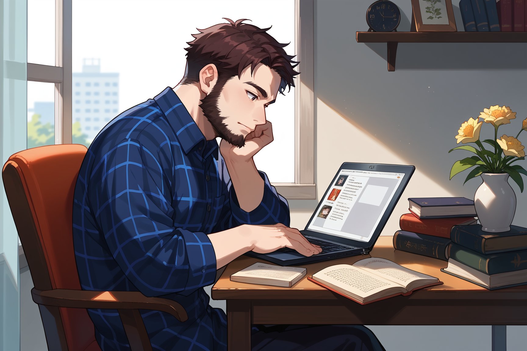  score_9, score_8,  score_7, 1boy, full beard, studying , studying , lofi style, view from side, desk, laptop, thinking, books, flower vase, window, source_anime , fat:0.05, solo female, plaid shirt, chibi