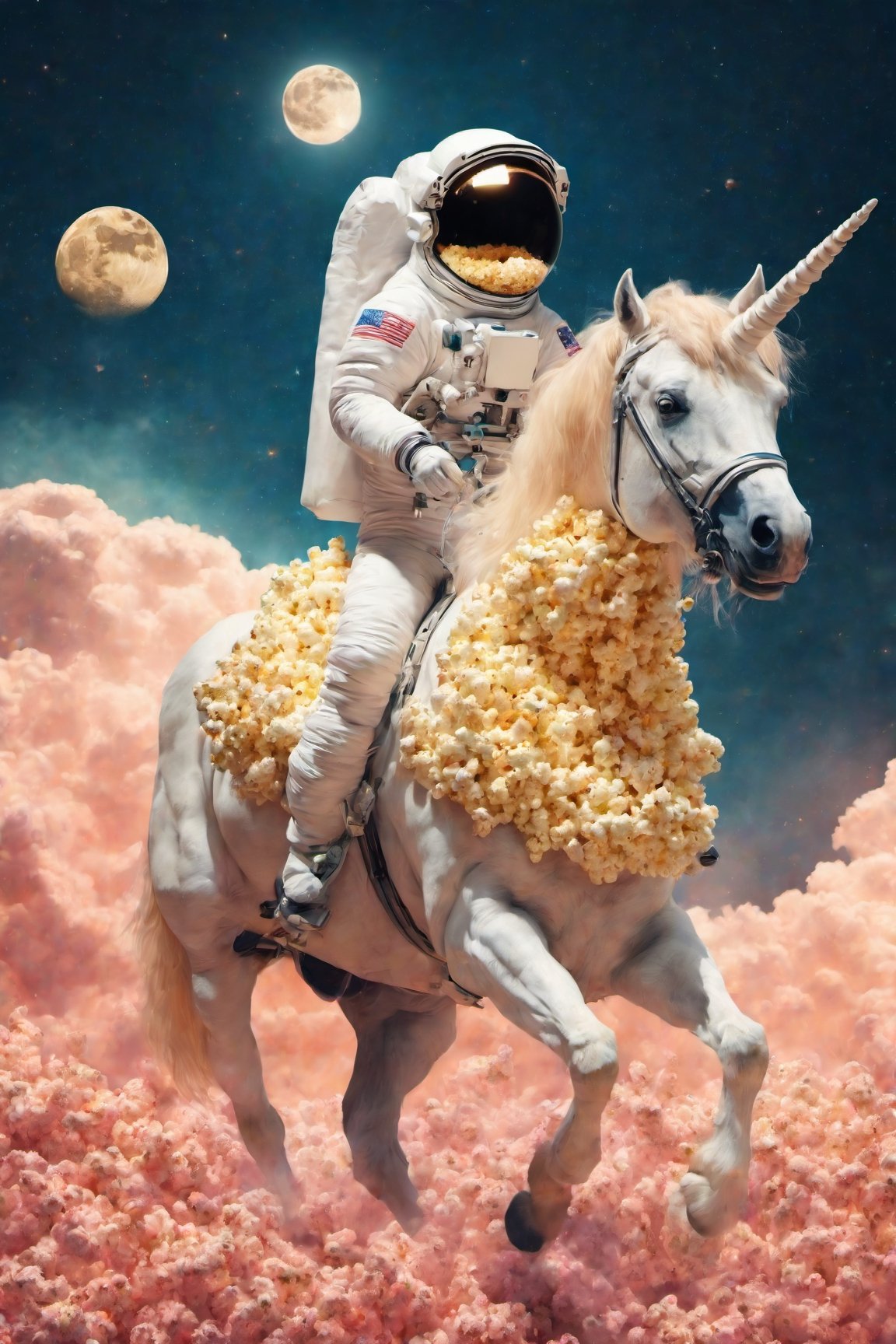  astronaut riding an unicorn in a moon made of popcorn, realistic ,((photo in the style of dreamypetra:1.2)) 