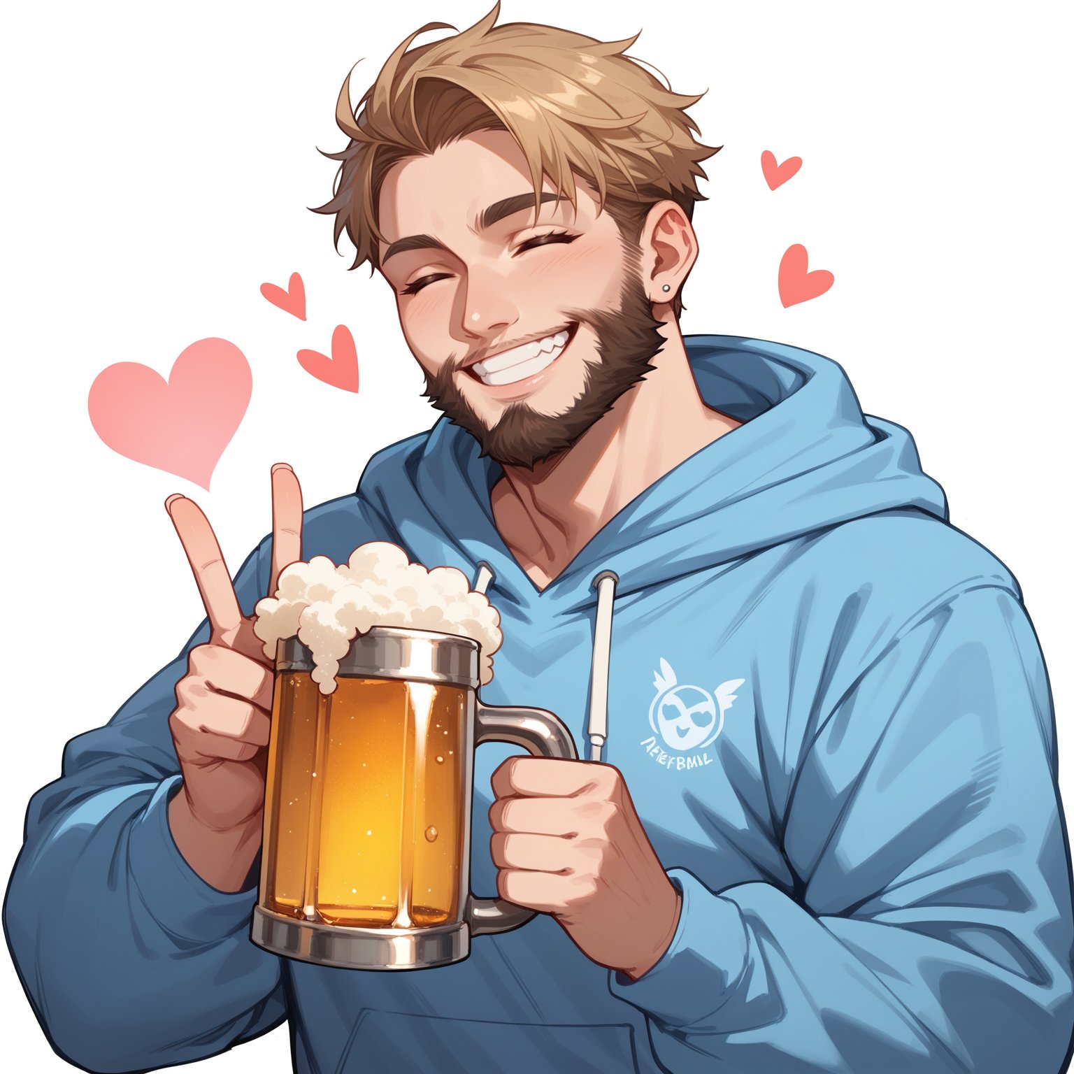  score_9, score_8,  score_7, 1boy, full beard, hoodie off, medium shot, closed eyes, big smile, v sign, , white background, holding beer mug, heart bubble, 1boy, solo, 