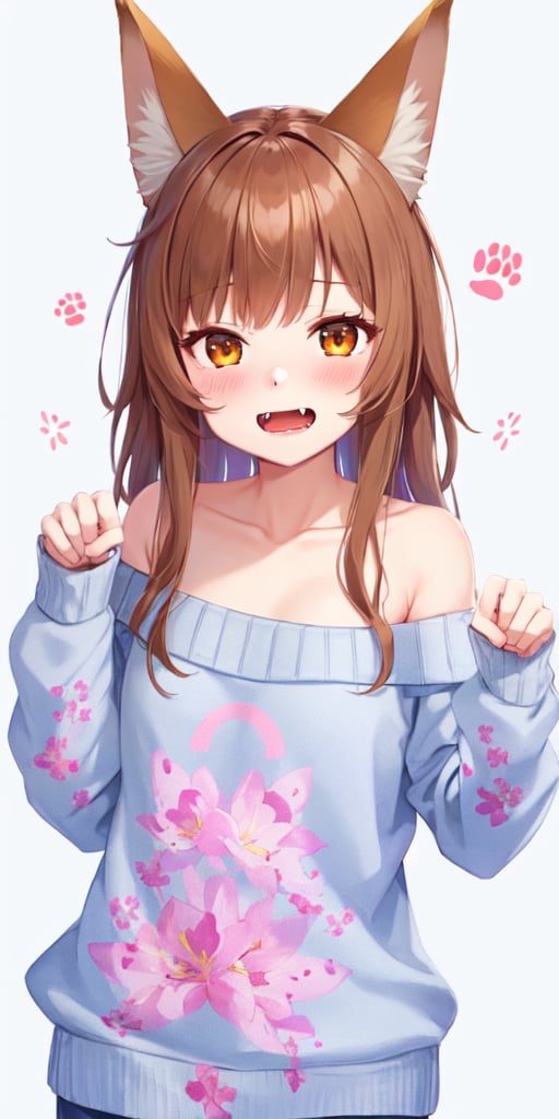 1girl, solo, brown hair, animal ears, long hair, sweater, fangs, sleeves past wrists, brown eyes, looking at viewer, blush, off shoulder, open mouth, simple background, bangs, collarbone, long sleeves, grey background, twitter username, paw pose, grey sweater, floral print, teeth, very long hair, bare shoulders