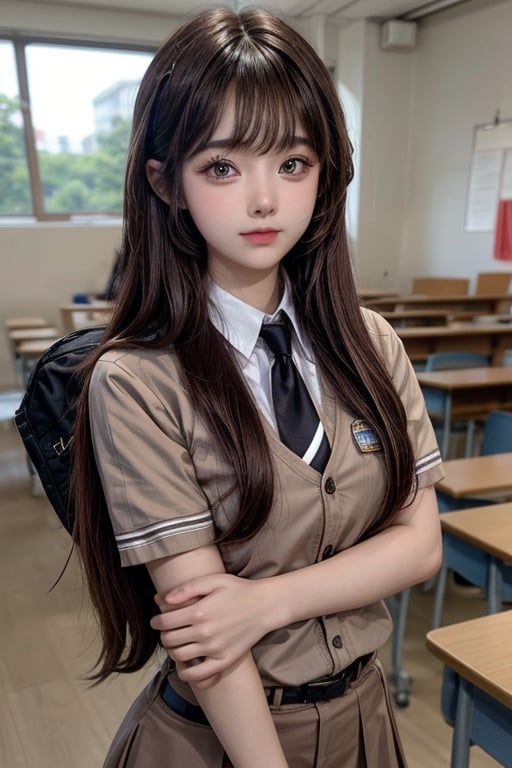 15 year old student, long brown hair pulled up, wearing uniform with long tie, (rounded breast:1.2), school background