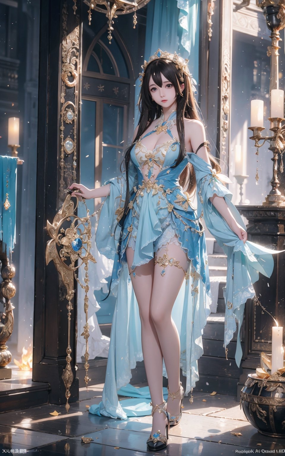 (masterpiece,  top quality,  best quality,  official art,  beautiful and aesthetic:1.5),  medium shot, (1girl), princess dress, long legs, (topless:0.8), extreme detailed, (abstract,  fractal art), long hair, floating hair, highest detailed,  detailed_eyes,  big eyes, water, ice, fire,  lightning,  light_particles,  ,midjourney,fantasy00d,1 girl,More Detail,Inspired by the Gold