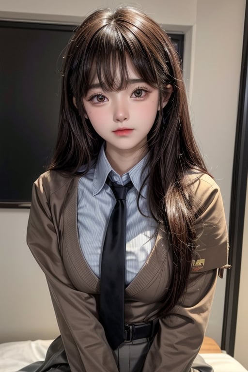 15 year old student, long brown hair pulled up, wearing uniform with long tie, (rounded breast:1.2), school background