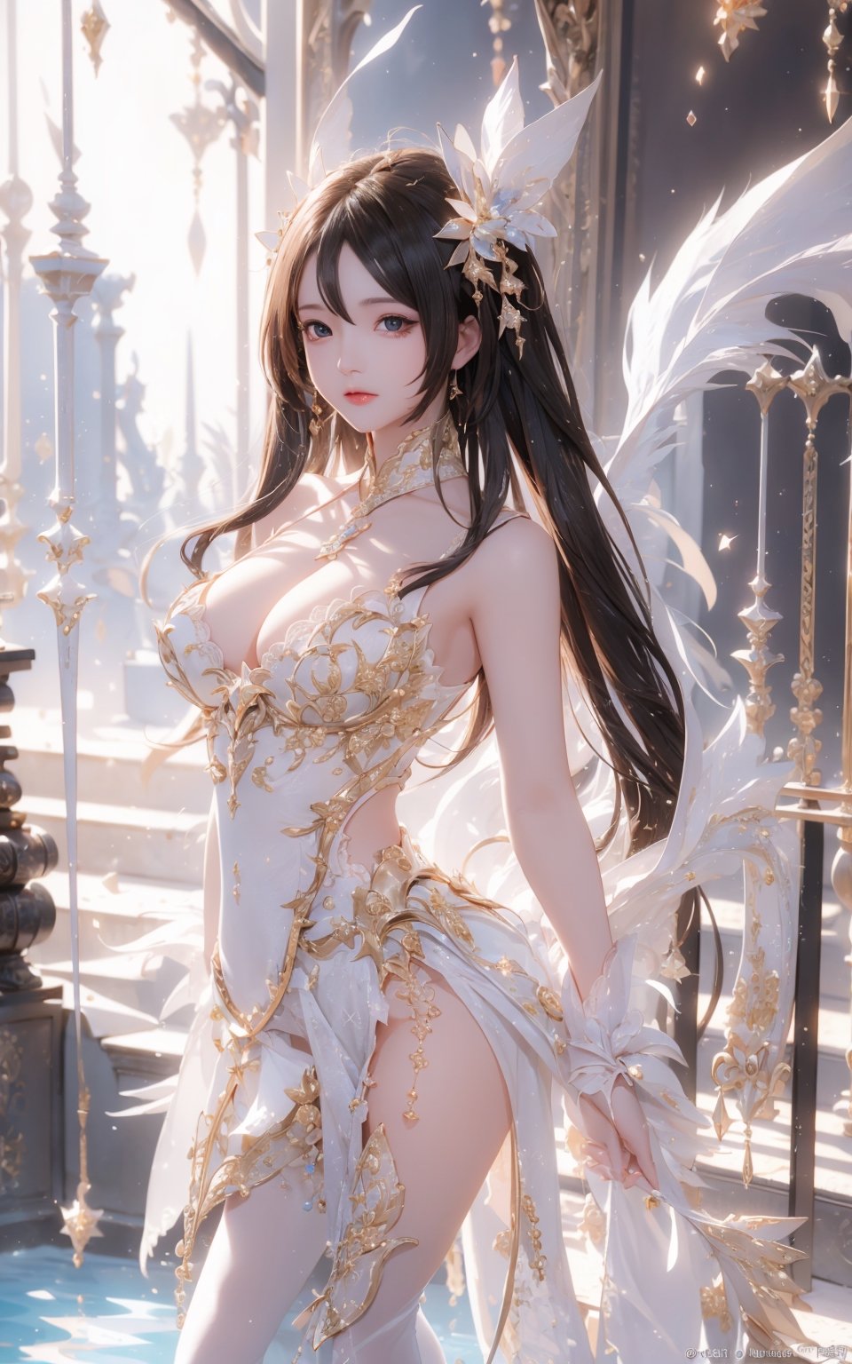 (masterpiece,  top quality,  best quality,  official art,  beautiful and aesthetic:1.5),  medium shot, (1girl), princess dress, long legs, (topless:0.8), extreme detailed, (abstract,  fractal art), long hair, floating hair, highest detailed,  detailed_eyes,  big eyes, water, ice, fire,  lightning,  light_particles,  ,midjourney,fantasy00d,1 girl,More Detail,Inspired by the Gold