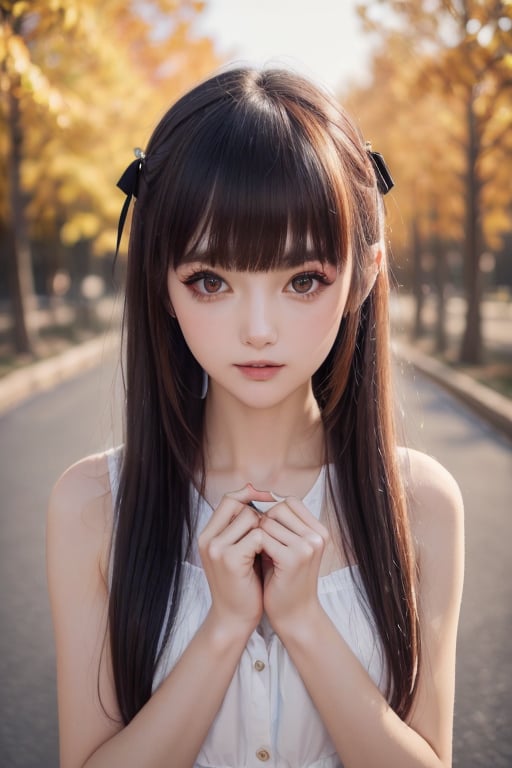 (8k, best quality, masterpiece:1.2),(best quality:1.0), (ultra highres:1.0), a beautiful girl, hair ribbons, agnes cecile, from head to waist, extremely luminous bright design,autumn lights, long hair,  
,xiao