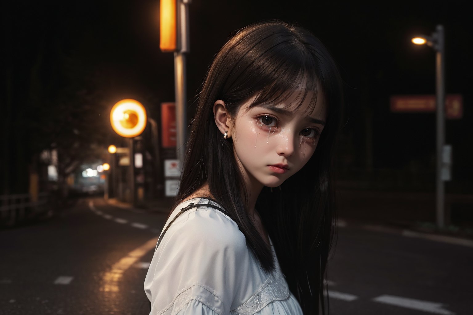 (masterpiece, best quality, very aesthetic, ultra detailed), intricate details, 1girl, ((standing at sidewalk. road bridge. fencing wire behind her)). (White dress), (Cute. Innocent. Beautiful. Crying. Tears), (pale skin. (Black eyes:1.3). Long brown hair. In ear hair), (upper body:1.3), Up close, (outdoor), (front view). From below. (Focus on viewer. looking at viewer), ((night. Road light)), (ultra realistic. Ultra realistic lighting. Ultra realistic reflection. Ultra detailed), 8k, aesthetic,More Detail