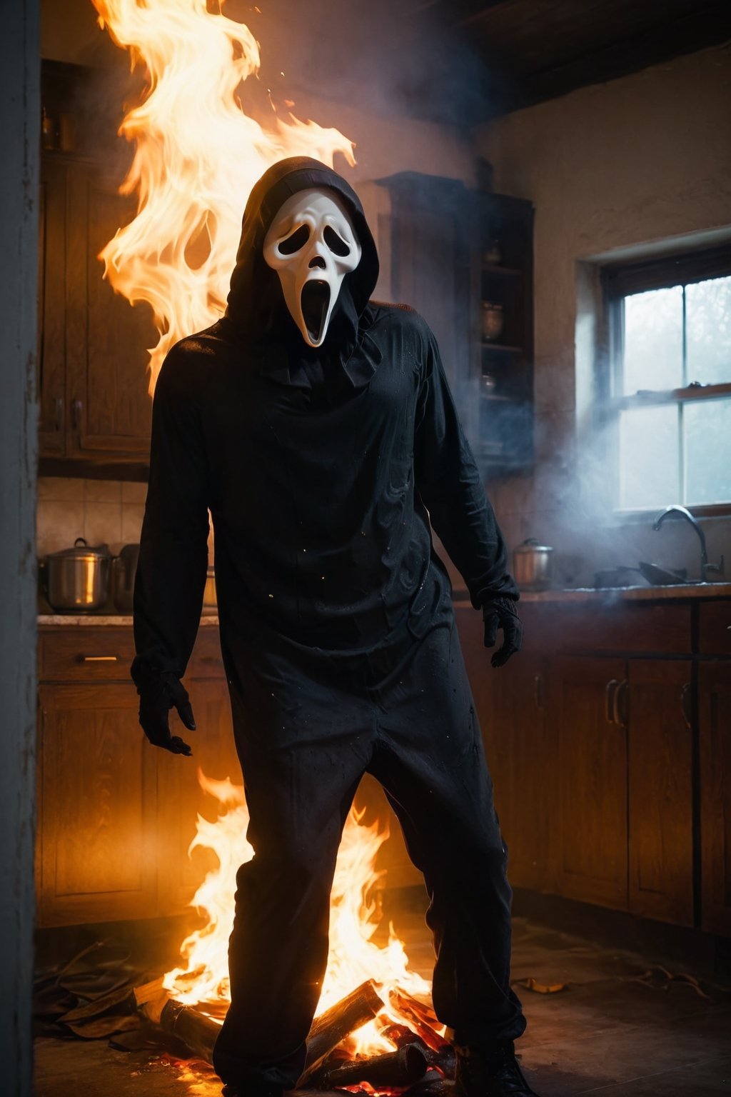 a girl standing at kitchen room, kitchen interior, white room, ghostface mask, ghostface costume, (full body1.2), (burning clothes. Burned outfit), medium breast, head tilted, high fire, looking at viewer, front view, from below, ultra high quality, ultra high resolution, detailed background, dramatic lighting, muted color, luts, low key, dark tone,ghostface mask,HellAI,fire