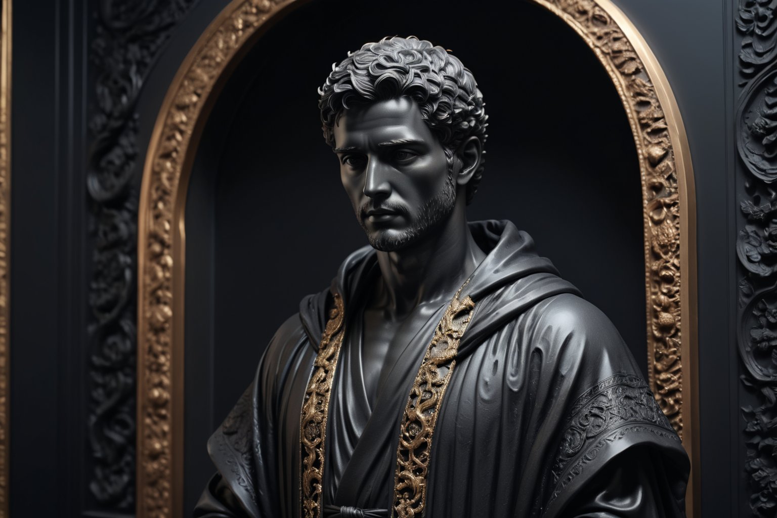 (masterpiece, best quality, very aesthetic, ultra detailed), intricate details, (a aesthetic sculpture man statue at elegant room). Black wall),(medium close up), (wearing black robe), (front view. front focus), 8k,Extremely Realistic, more detail XL