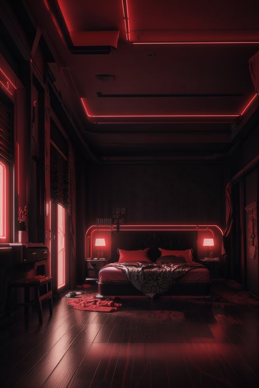 (masterpiece, best quality, very aesthetic, ultra detailed), intricate details, (a elegant bedroom. Red Neon. All red light. Mate black). (Indoor), (ultra realistic. Ultra realistic lighting. Ultra realistic reflection. Ultra detailed), 8k, aesthetic,More Detail,cyber_room  