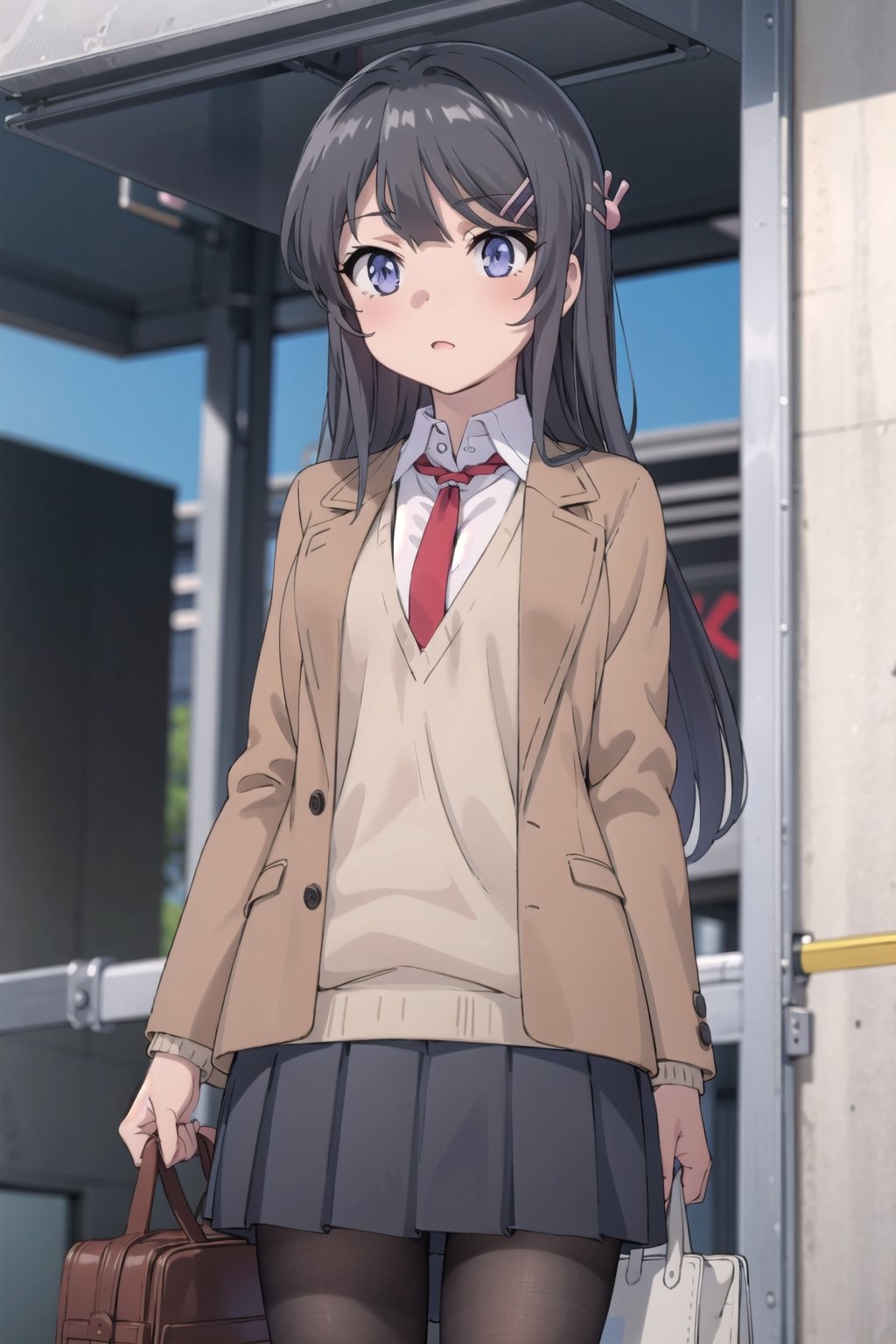 (masterpiece), best quality, high resolution, highly detailed, detailed background, perfect lighting, 1girl, long hair, black hair, blue eyes, red necktie between breasts, school uniform, brown jacket, open jacket, (brown blazer:1.2), long sleeves, sweater vest, grey pleated skirt, black pantyhose, hair ornament, hair clip, sakurajima mai, ph mai