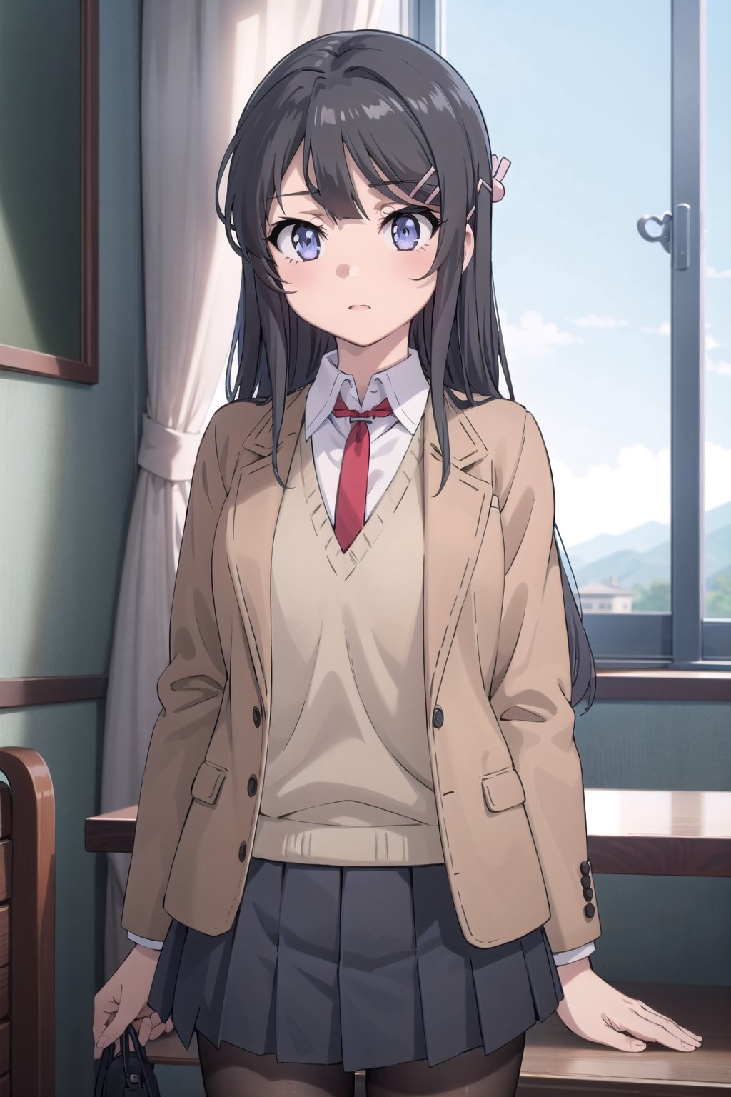 (masterpiece), best quality, high resolution, highly detailed, detailed background, perfect lighting, 1girl, long hair, black hair, blue eyes, red necktie between breasts, school uniform, brown jacket, open jacket, (brown blazer:1.2), long sleeves, sweater vest, grey pleated skirt, black pantyhose, hair ornament, hair clip, sakurajima mai, ph mai