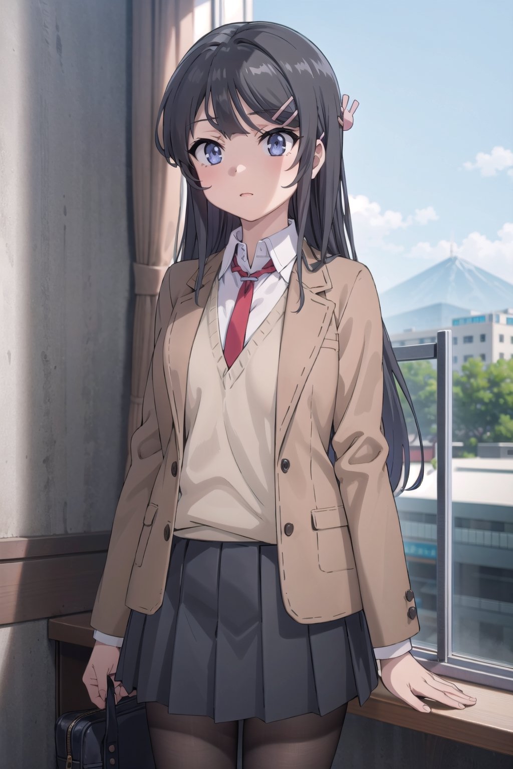 (masterpiece), best quality, high resolution, highly detailed, detailed background, perfect lighting, 1girl, long hair, black hair, blue eyes, red necktie between breasts, school uniform, brown jacket, open jacket, (brown blazer:1.2), long sleeves, sweater vest, grey pleated skirt, black pantyhose, hair ornament, hair clip, sakurajima mai, ph mai