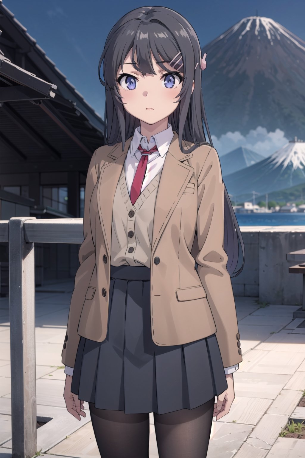 (masterpiece), best quality, high resolution, highly detailed, detailed background, perfect lighting, 1girl, long hair, black hair, blue eyes, red necktie, school uniform, brown jacket, open jacket, (brown blazer:1.2), long sleeves, grey pleated skirt, black pantyhose, hair ornament, hair clip, sakurajima mai, ph mai