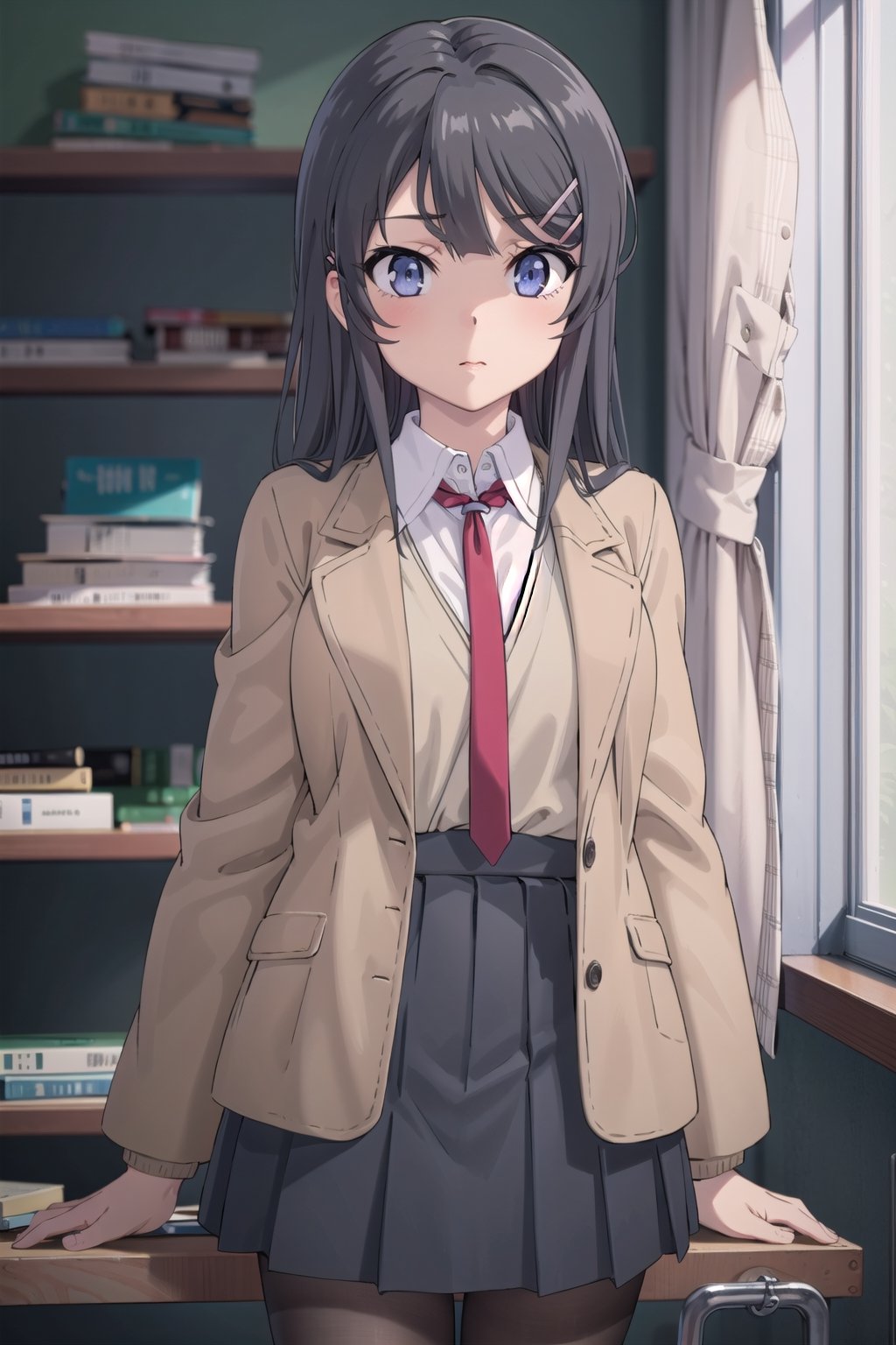 (masterpiece), best quality, high resolution, highly detailed, detailed background, perfect lighting, 1girl, long hair, black hair, blue eyes, red necktie between breasts, school uniform, brown jacket, open jacket, (brown blazer:1.2), long sleeves, grey pleated skirt, black pantyhose, hair ornament, hair clip, sakurajima mai, ph mai