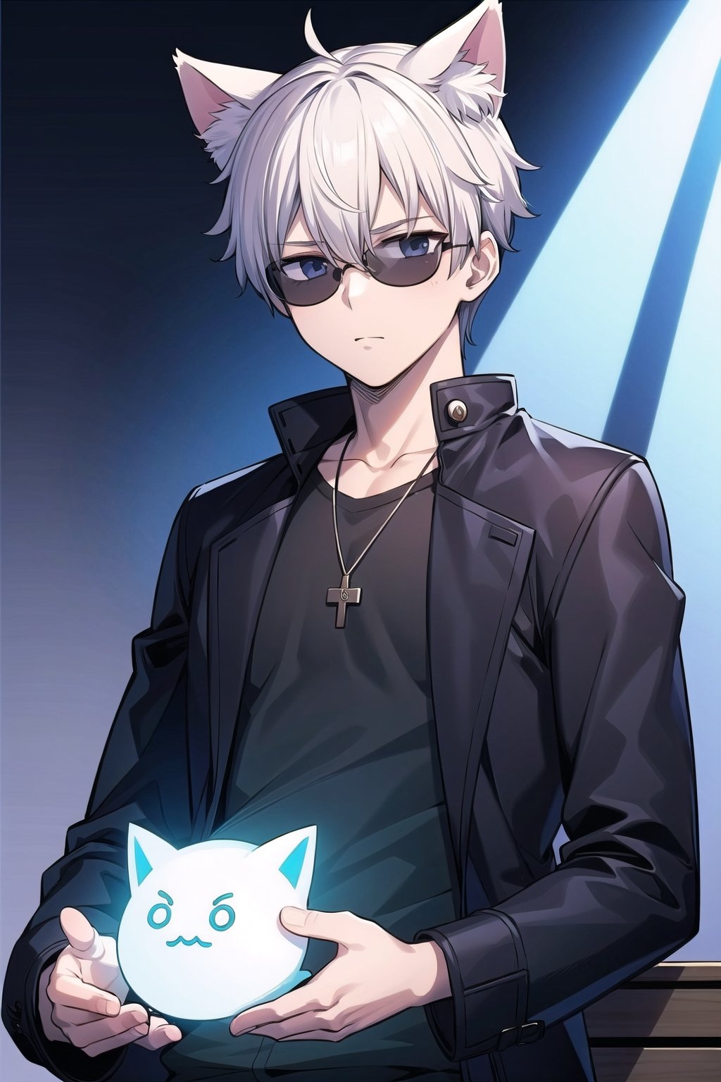 (masterpiece), (1boy, male focus:1.4), white hair, very short hair, disheveled hair, sunglasses, cool, black jacket, closed jacket, necklace, black shirt, cat ears, glowing, SOLO LEVELING 