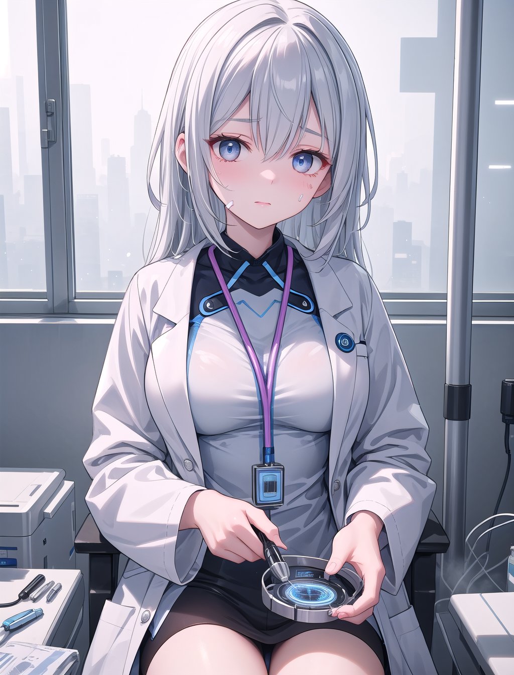 doctor with gentle eyes and a calming presence,  her white coat illuminated by the soft glow of advanced medical technolog...
