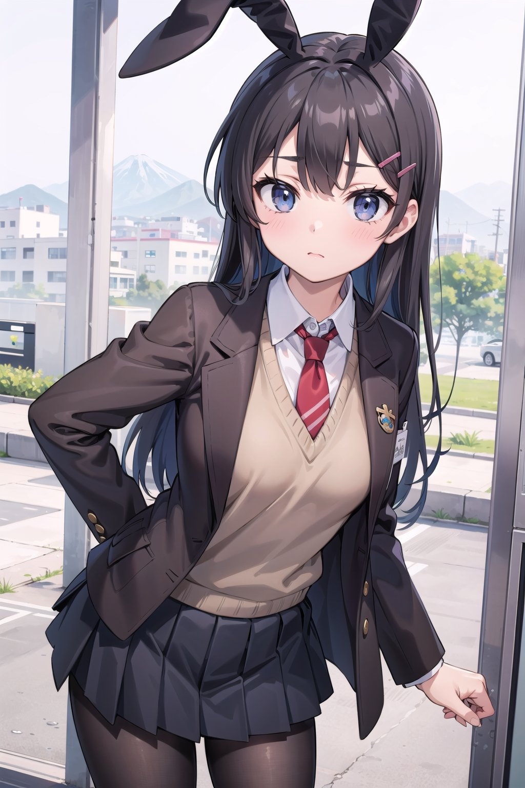 (masterpiece), 1girl, long hair, black hair, blue eyes, red necktie, school uniform, brown jacket, open jacket, (brown blazer:1.2), long sleeves, sweater vest, grey pleated skirt, black pantyhose, rabbit hair ornament, hair clip, sakurajima mai, ph mai