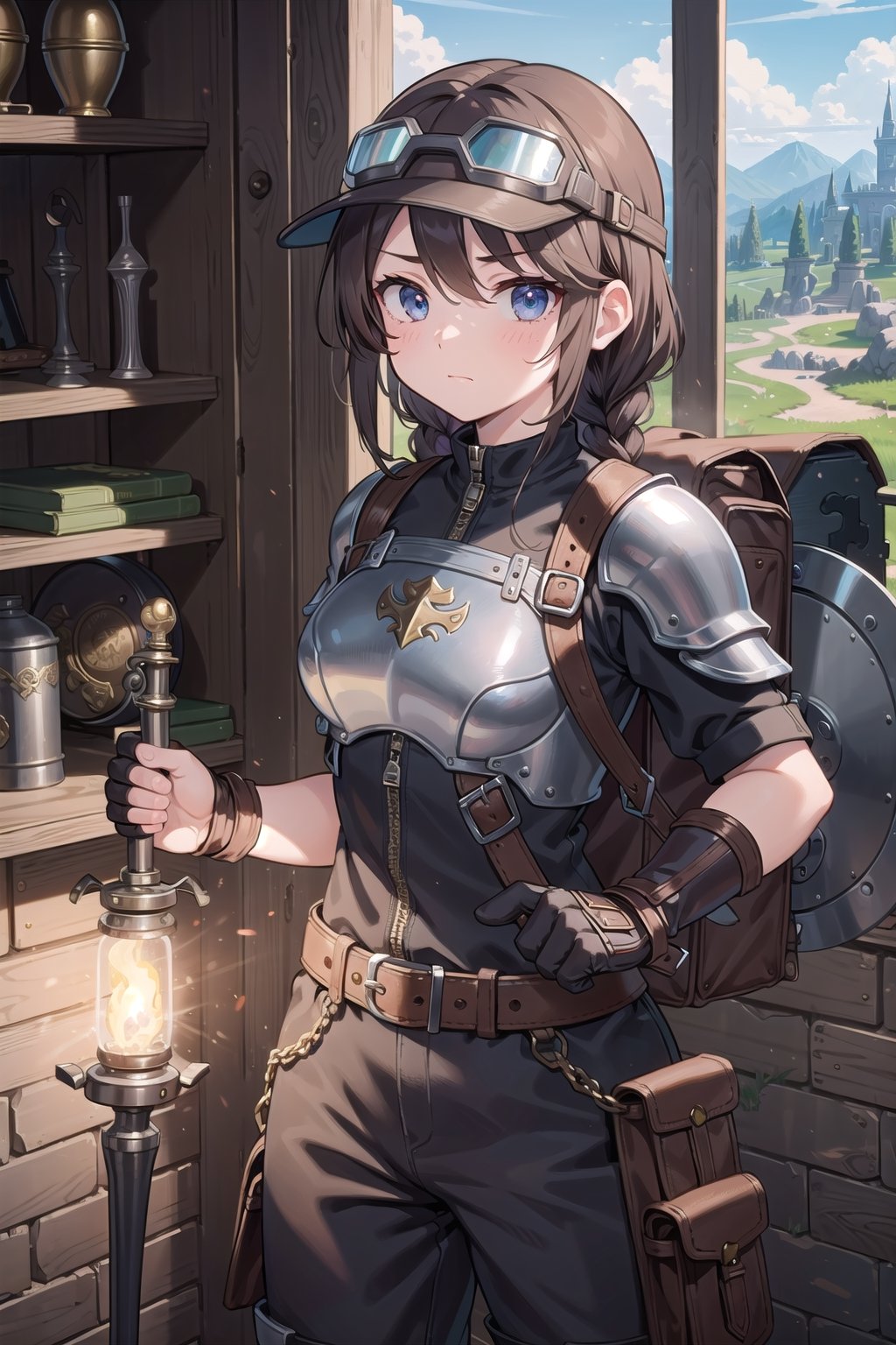 (masterpiece), fantasy, 1girl, blacksmith, craftsman, defender, steampunk, brown hair, braid, jumpsuit, shoulder armor, full armor, helmet, visor, goggles on head, leather gloves, mittens, hammer, mallet, axe, (shield:1.3), tool belt, wrench , chain, backpack, lantern, sweatdrop, freckles, horns, spikes