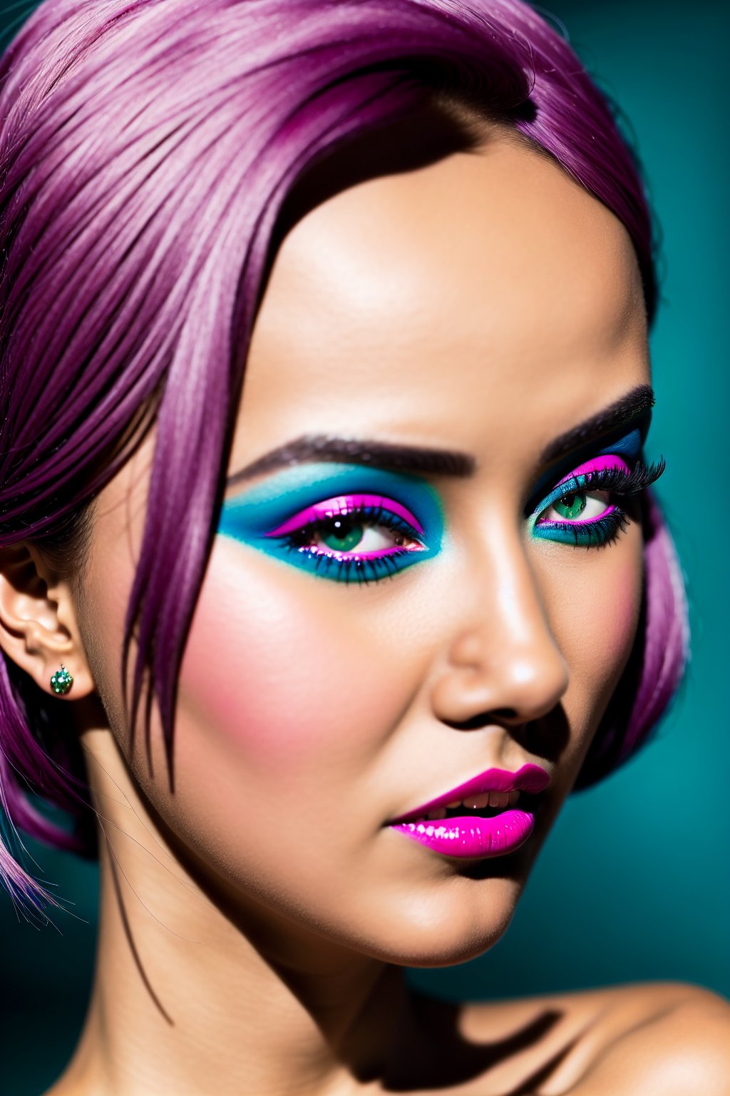 Masterpiece, best quality, 1 Girl (Colourful),( finely detailed beautiful eyes and detailed face with Pink Hair), Cinematic lighting, bust shot, groin and hips, full_body, Extrememly detailed CG unity, 8k wallpaper, Portrait, Photograph, delicate features, blue-green eyes, natural long hair, Tight Blue Top, Photography studio Background,