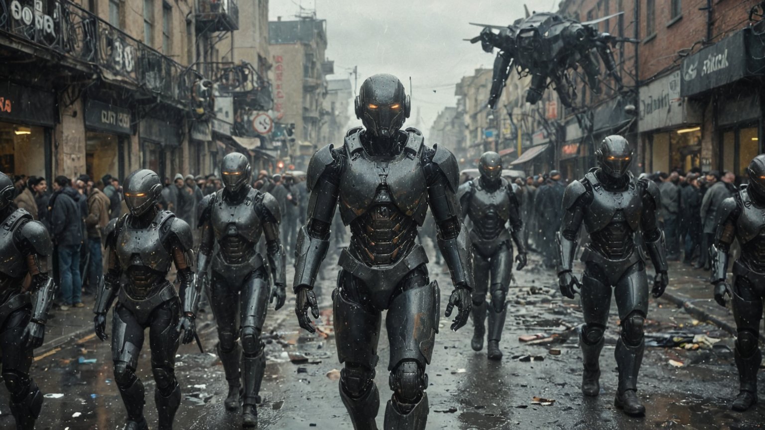 (medium shot of combat robots cyborgs in carbon glossy armor lead a crowd of captive human people in rags), (there are fragments of flying security drones lying around), (mechanical parts), (vintage dystopian futuristic rainy street background), (vintage sci-fi), (determined expression:1.3), dystopian era, realistic, ambient light, cinematic composition, wide-angle lens, best quality, masterpiece