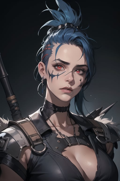 Junker Queen, a 30 yo woman, portrait of beautiful junker queen, mohawk, blue hair, warpaint, athletic, red eyes, fierce look, facing the enemy, cleavage, big boobs, dark theme, soothing tones, muted colors, high contrast, (natural skin texture, hyperrealism, soft light, sharp),