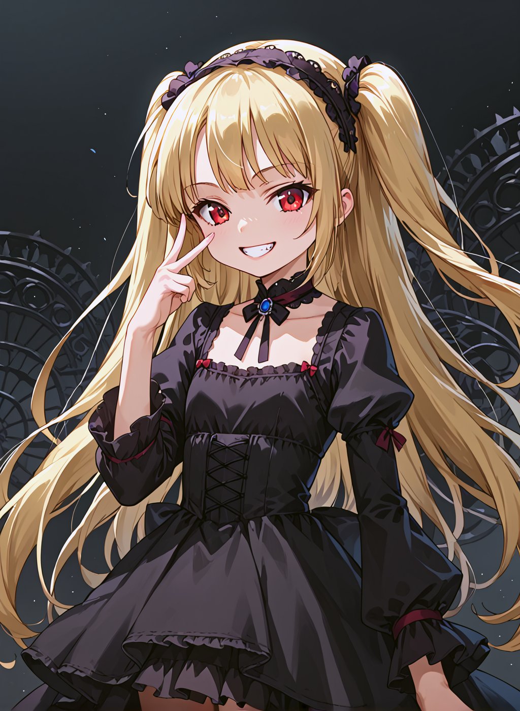 masterpiece, best quality, ultra-detailed, perfect anatomy, High detailed, detailed background, beautiful face, source_anime

a girl, ((kobato, odd)), (((child))), infant body shape, flat chest, No public hair, ((high twintails, long hairs,)), blonde hair, black Gothic Dress, Gothic hairband, clothing,
standing, v, hand on eye, grin, cowboy shot, datch angle, dynamic pose,
 
perfect face, perfect eyes, score_9, score_8_up, score_7_up,Expressiveh, concept art,  Anime ,hentai, dark theme,beautiful_female_fingers,