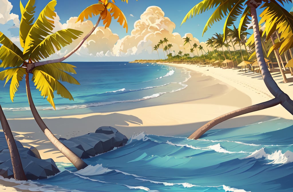 A Serene Tropical Paradise - Beautiful Golden Beach, Calm Blue Waves, and Majestic Palm Trees"

