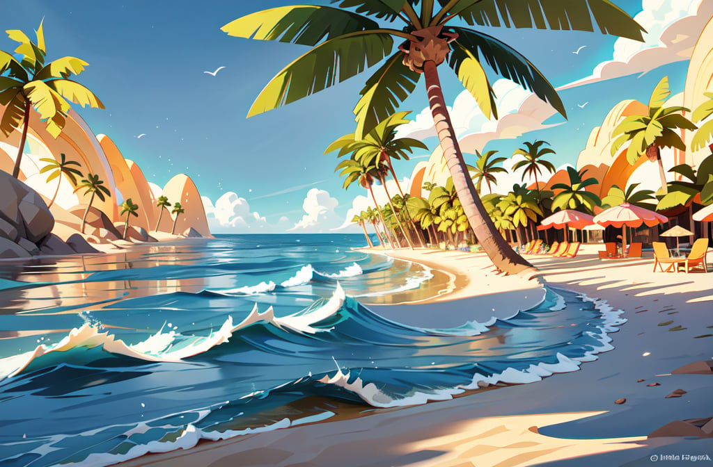 Welcome to a virtual journey to a serene tropical paradise, where you'll experience the beauty of a golden beach, the tranquility of calm blue waves, and the majesty of swaying palm trees. Close your eyes and immerse yourself in the soothing sounds of the ocean, the gentle rustling of palm leaves, and the warm golden hues of the sandy shoreline.

As you step onto the beach, the soft grains of sand caress your feet, and you can feel the warmth of the sun on your skin. The beach stretches far and wide, inviting you to explore its secrets. Take a moment to admire the pristine golden shoreline that sparkles under the sunlight.

Looking out towards the horizon, you'll be captivated by the sight of the vast ocean stretching endlessly before you. The waves roll in gently, creating a rhythmic symphony that lulls your senses into a state of pure relaxation. The calm blue waters invite you to take a dip, soothing your soul with every gentle ripple.

Turn your attention to the magnificent palm trees that stand tall along the beach, casting their swaying shadows on the sand. Their lush green fronds dance gracefully in the breeze, providing a perfect spot for you to find shade and take a moment to unwind.

As you explore this tranquil paradise, you may encounter various marine life, seashells, and other coastal wonders. Take your time to embrace the essence of this idyllic setting, letting the worries of the world melt away.

Whether you want to bask in the sun, stroll along the shoreline, or simply sit under the shade of a palm tree and watch the waves, this tropical paradise has everything you need to find peace and tranquility.

Let your imagination run wild as you dive into this beautiful world of golden beaches, calm blue waves, and majestic palm trees. Bring your own story to life amidst the beauty of this serene landscape, and let the Tensor.art platform be your canvas to create the most vivid and picturesque scenes inspired by this tropical paradise
