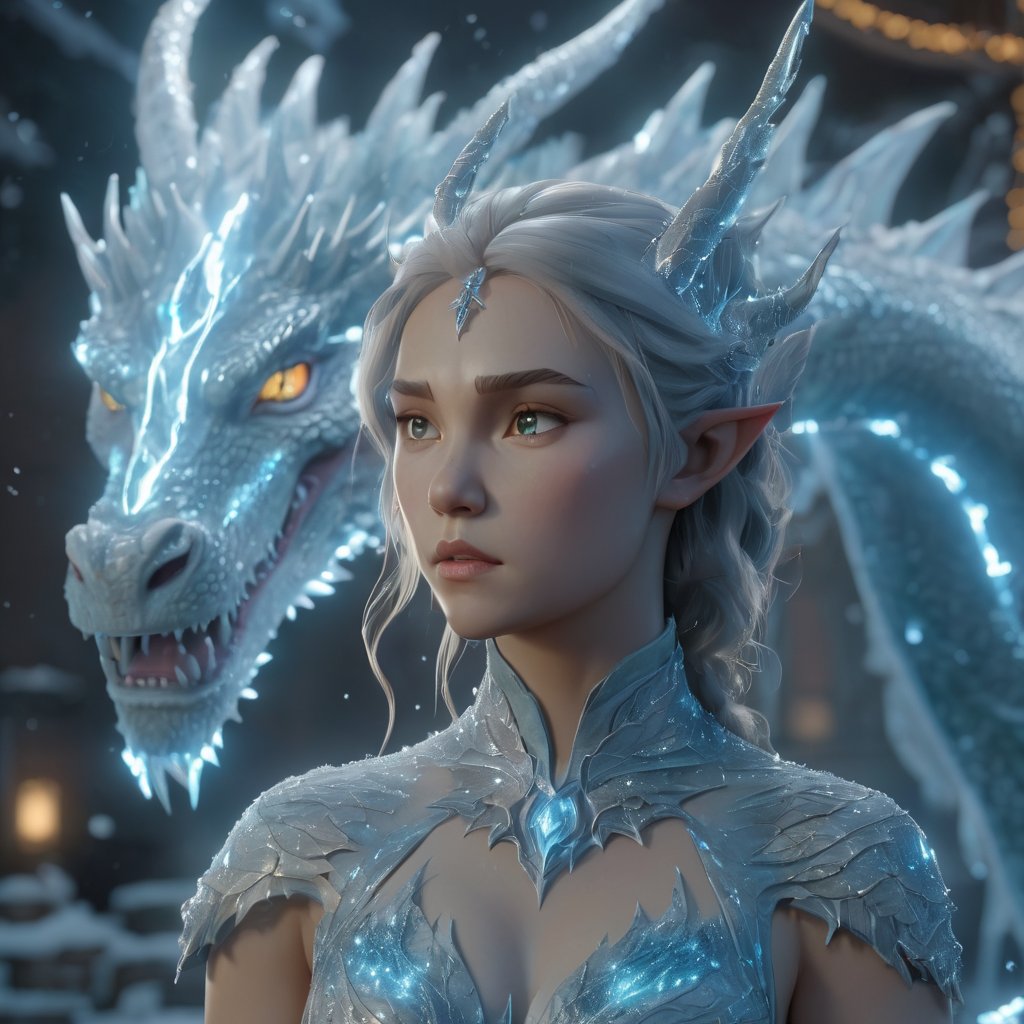 realistic, Ice Dragon, desolate, intricately detailed, artistic lightning, particles, beautiful, amazing, highly detailed, digital art, sharp focus, trending on art station,Read description,3d style,xxmix girl woman,lty,arcane