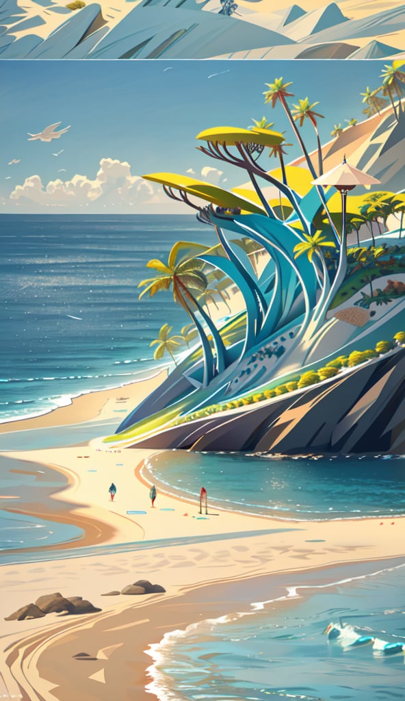 Create an imaginative artwork showcasing a futuristic beach and ocean. The beach and ocean should be highly detailed, with sleek and powerful design elements. The scene should be set in a realistic environment, such as a view landscape. Let your creativity run wild as you depict.