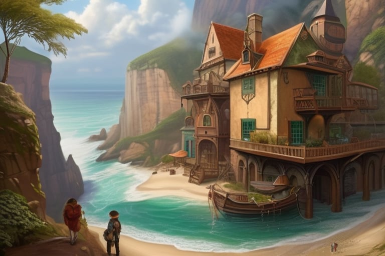 ((masterpiece)),((best quality)),((high detial)),((realistic,)) beautiful beach, deep canyons in the middle, rainy days, steampunk, European architecture,no_humans,nursery school,F-22,scenery