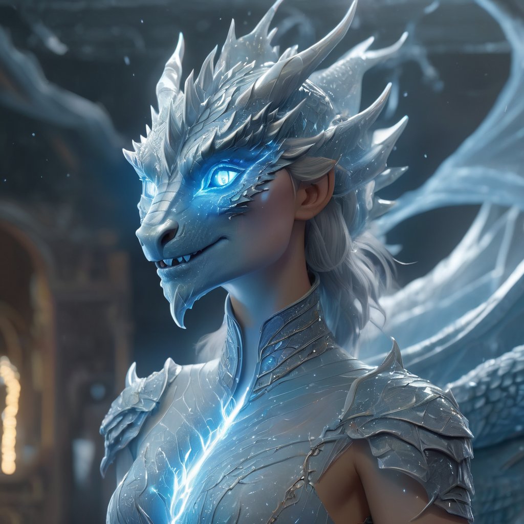 realistic, Ice Dragon, desolate, intricately detailed, artistic lightning, particles, beautiful, amazing, highly detailed, digital art, sharp focus, trending on art station,Read description,3d style,xxmix girl woman,lty,arcane