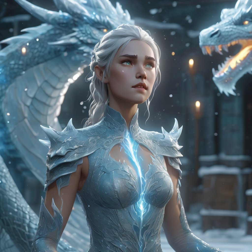 realistic, Ice Dragon, desolate, intricately detailed, artistic lightning, particles, beautiful, amazing, highly detailed, digital art, sharp focus, trending on art station,Read description,3d style,xxmix girl woman,lty,arcane