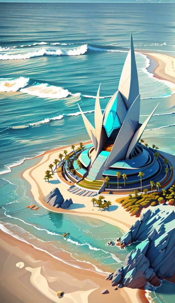 Create an imaginative artwork a futuristic beach and ocean. The beach and ocean should be highly detailed, with sleek and powerful design elements. The scene should be set in a realistic environment, such as a view landscape. Let your creativity run wild as you depict.