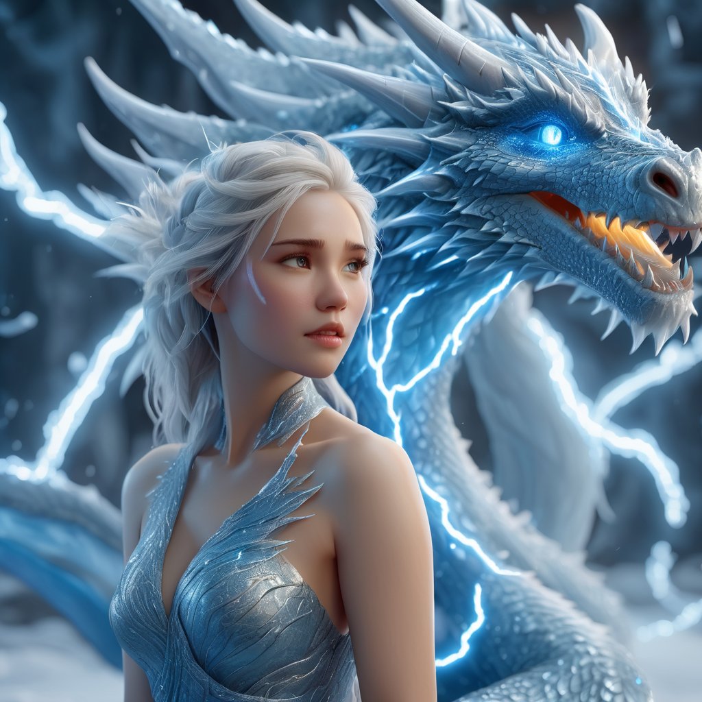 realistic, Ice Dragon, desolate, intricately detailed, artistic lightning, particles, beautiful, amazing, highly detailed, digital art, sharp focus, trending on art station,Read description,3d style,xxmix girl woman