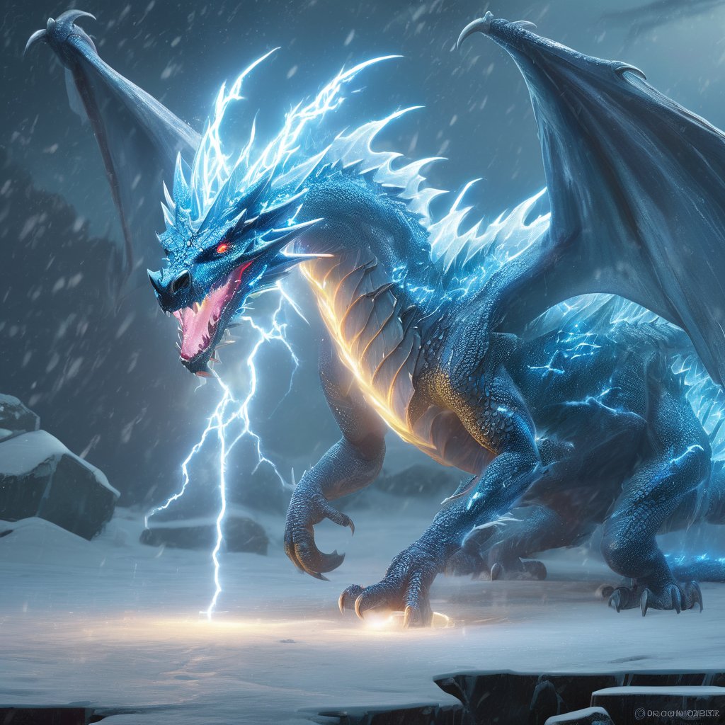 realistic, Ice Dragon, desolate, intricately detailed, artistic lightning, particles, beautiful, amazing, highly detailed, digital art, sharp focus, trending on art station,Read description,3d style,arcane,rcz1,greg rutkowski,lty