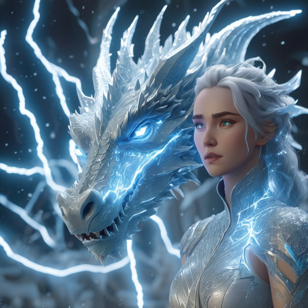 realistic, Ice Dragon, desolate, intricately detailed, artistic lightning, particles, beautiful, amazing, highly detailed, digital art, sharp focus, trending on art station,Read description,3d style,xxmix girl woman,lty,arcane