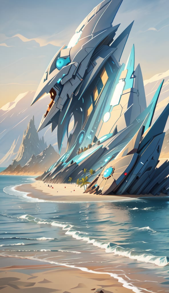 Create an imaginative and awe-inspiring artwork showcasing a futuristic beach and ocean. The beach and ocean should be highly detailed, with sleek and powerful design elements. The scene should be set in a realistic environment, such as a view landscape. Let your creativity run wild as you depict.