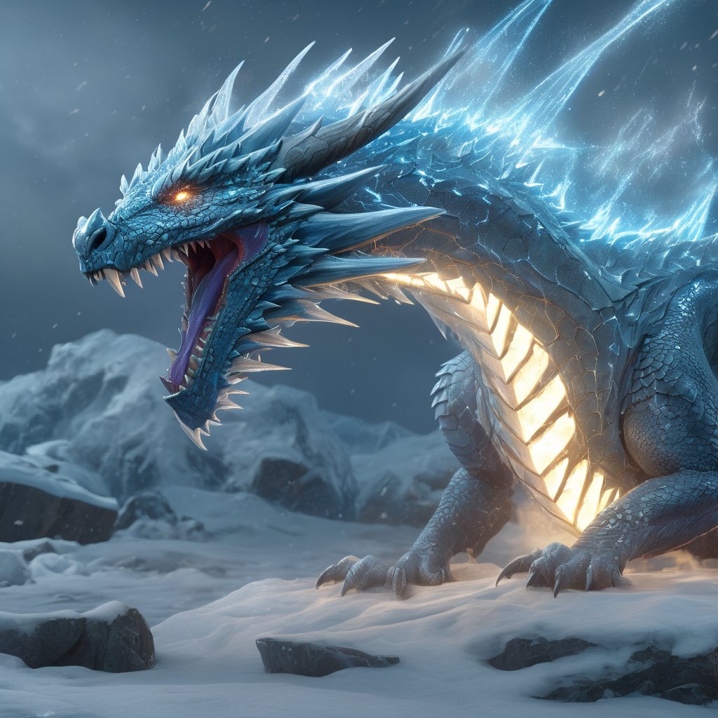 realistic, Ice Dragon, desolate, intricately detailed, artistic lightning, particles, beautiful, amazing, highly detailed, digital art, sharp focus, trending on art station,Read description,3d style,arcane,rcz1,greg rutkowski,lty