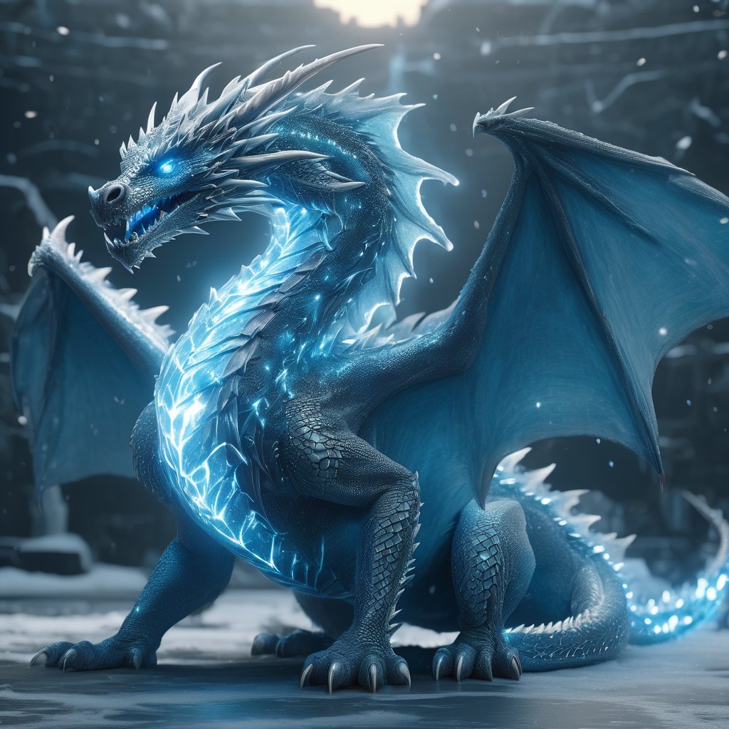 realistic, Ice Dragon, desolate, intricately detailed, artistic lightning, particles, beautiful, amazing, highly detailed, digital art, sharp focus, trending on art station,Read description,3d style