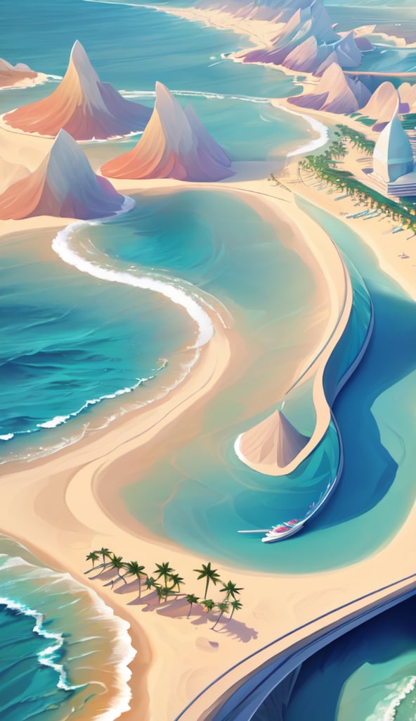 Create an imaginative and awe-inspiring artwork showcasing a futuristic beach and ocean. The beach and ocean should be highly detailed, with sleek and powerful design elements. The scene should be set in a realistic environment, such as a view landscape. Let your creativity run wild as you depict.