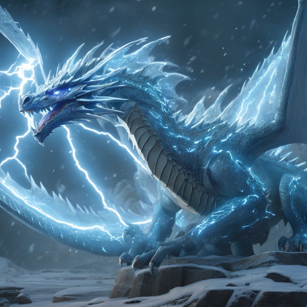 realistic, Ice Dragon, desolate, intricately detailed, artistic lightning, particles, beautiful, amazing, highly detailed, digital art, sharp focus, trending on art station,Read description,3d style,arcane,rcz1,greg rutkowski,lty