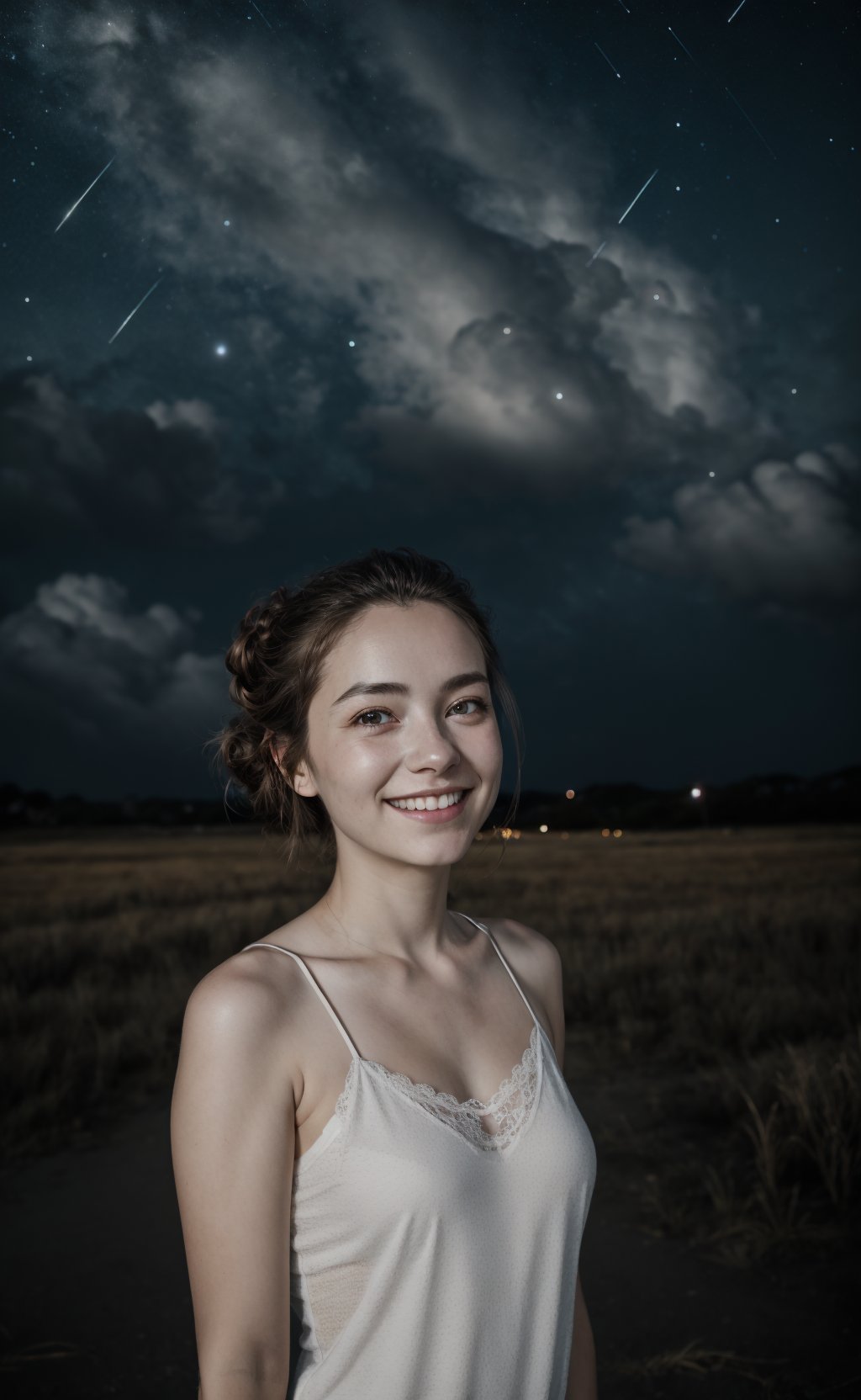 Mid Portrait Beautiful european girl, simple white camisole, updo hair, (skin texture:1.33),  light smile,  standing, night, shooting stars, cloud, far away light, ultra detailed photograph, sony A7 mark iii 75mm f2, high_res,Detailedface