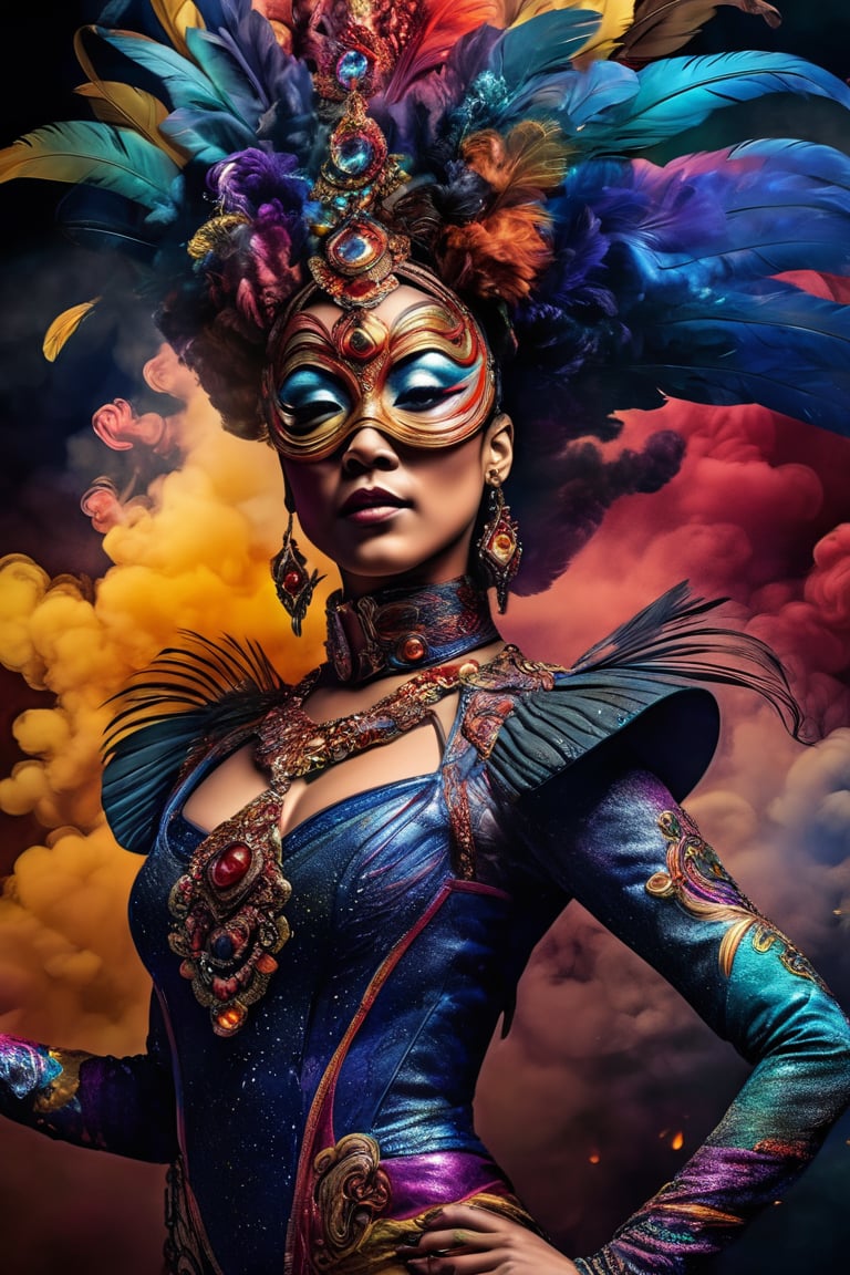 Colorful masterpiece illustration, hyper-realistic, Astral woman cirque made of smokes, cirque du soleil, dynamic pose, wearing intricated adorned mask, jewelled, feathers, smokes, delicated and intricated costume, coloured smoke, epic shapes, glittering, dark place, colorful smokes background, upper body,ros tran, robby dwi antono, greg rutkowski, high detailed, high_res,1 girl,yuzu,EnvyBeautyMix23